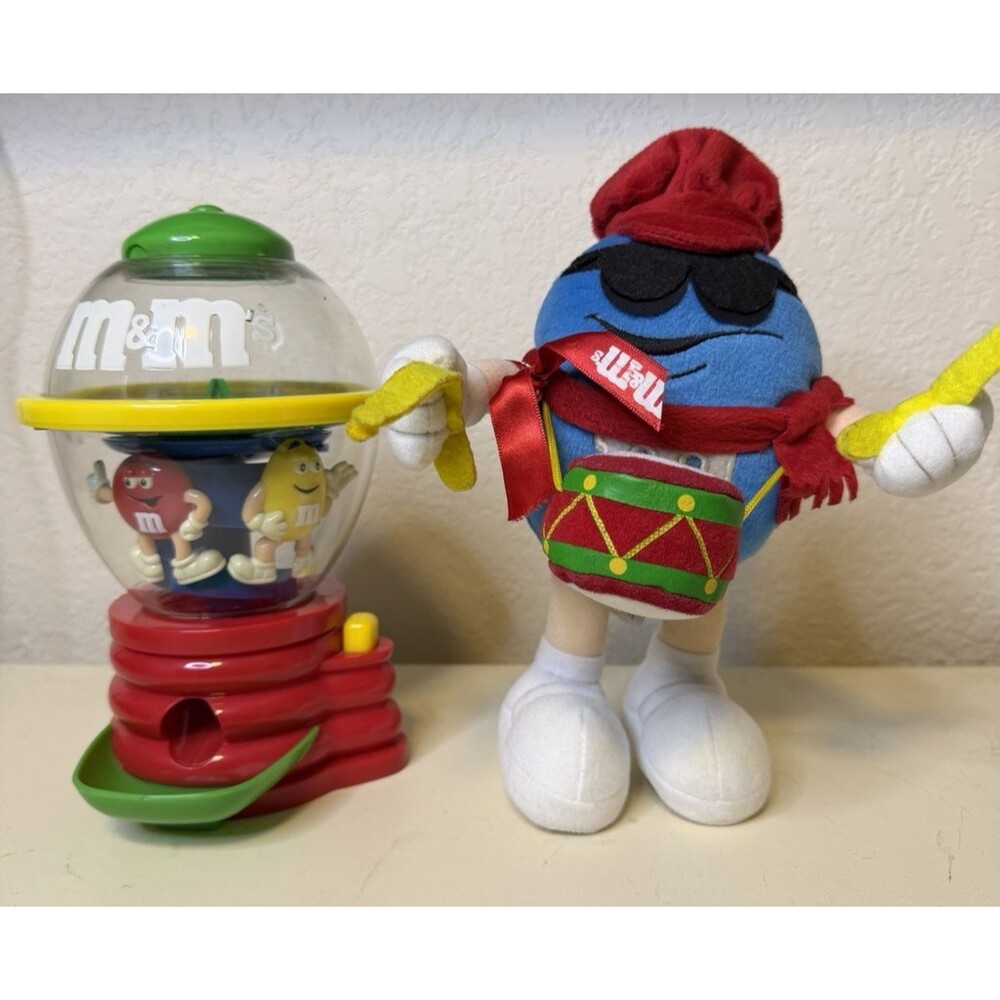 M&M's Collectible Spinning Candy Dispenser & Blue M&M Plush Drummer Lot of 2